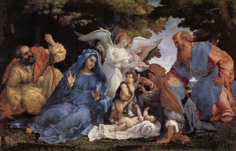 Lorenzo Lotto L'Adoration de l'Enfant Jesus avec la Vierge Marie et joseph,Elisabeth et Joachim et trois anges China oil painting art